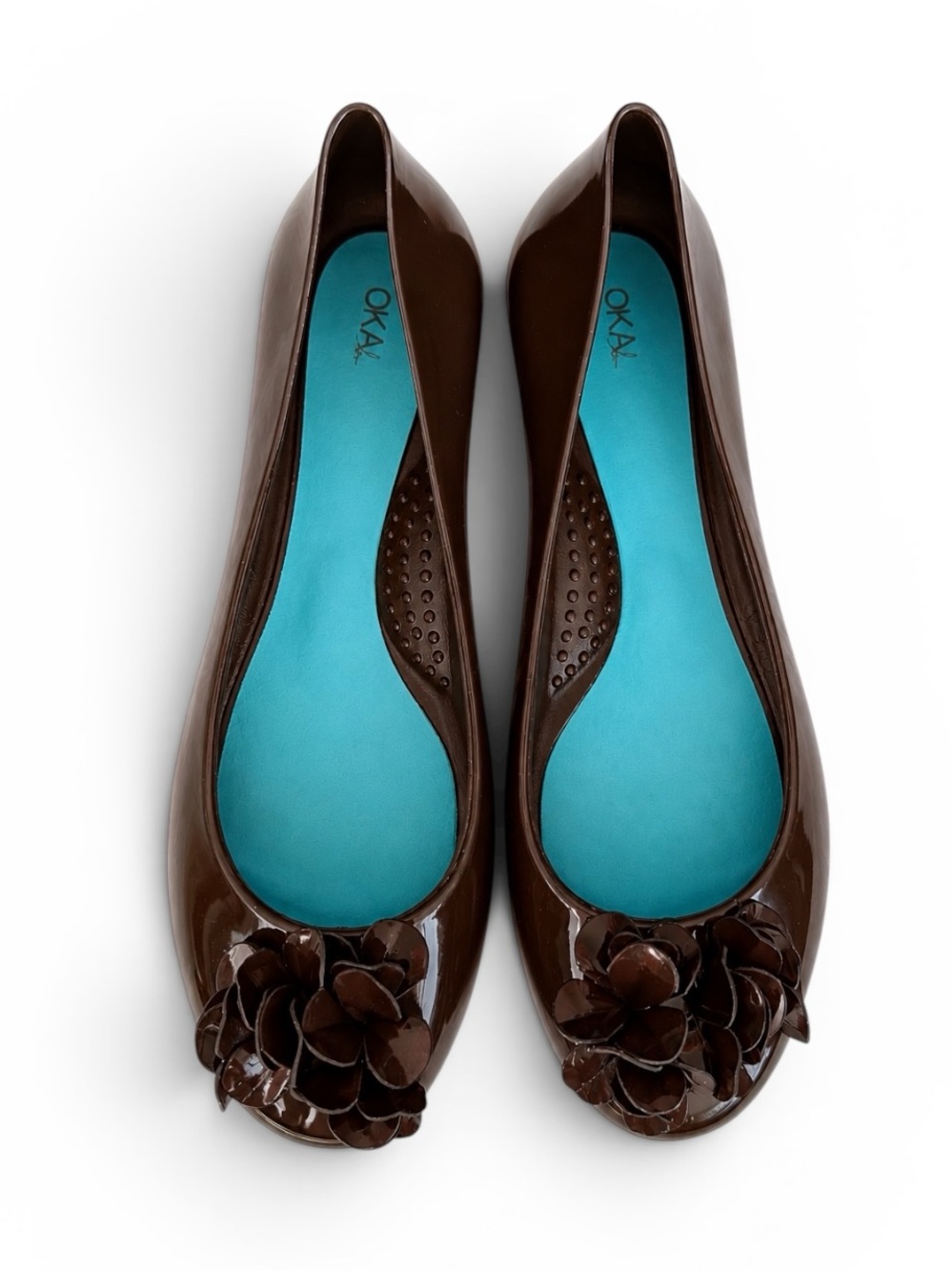 OKA Priscilla Ballet Flats Hot Chocolate Brown Flower Jelly Shoes 9